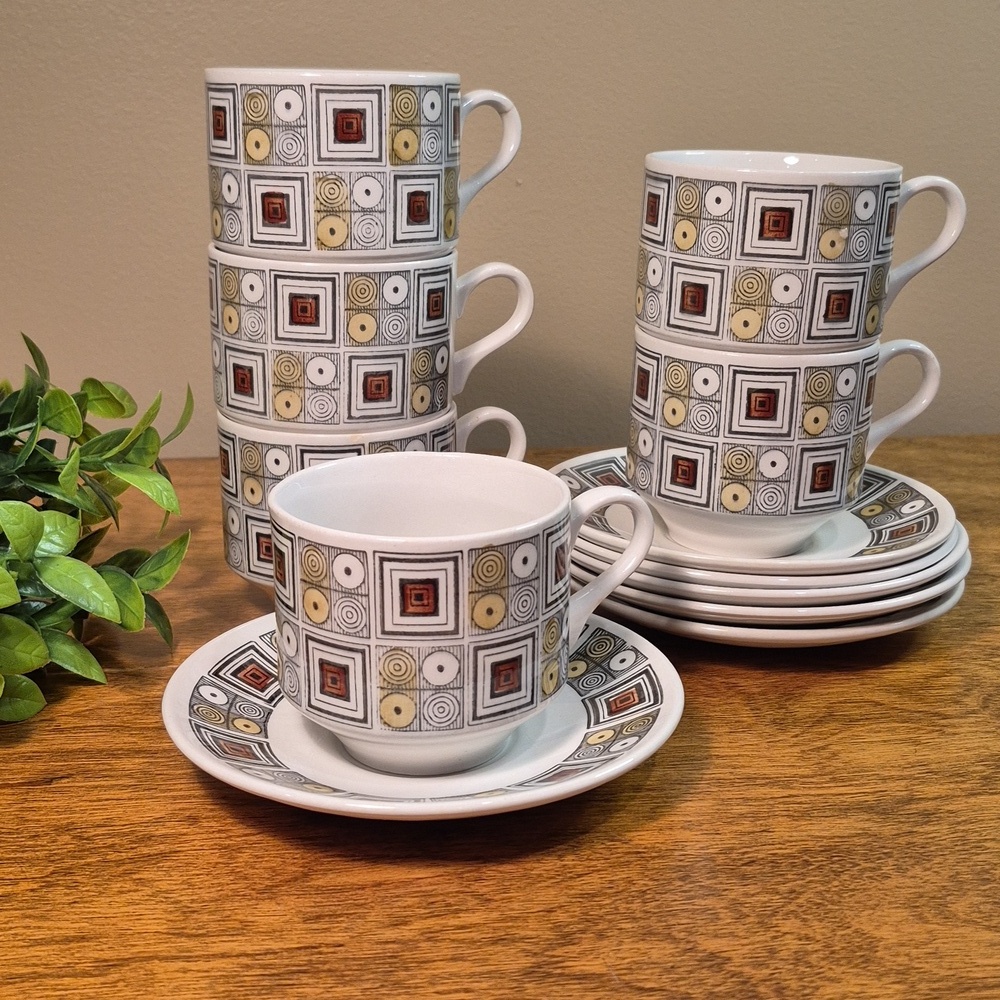 IRONSTONE BROADHURST England Six Cups & Saucers Rushstone Pattern Kathie Winkle